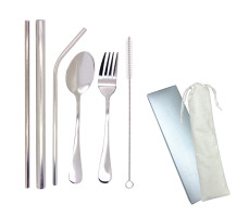 HH170514 Stainless Steel Reusable Straw & Cutlery Set With Cotton Pouch