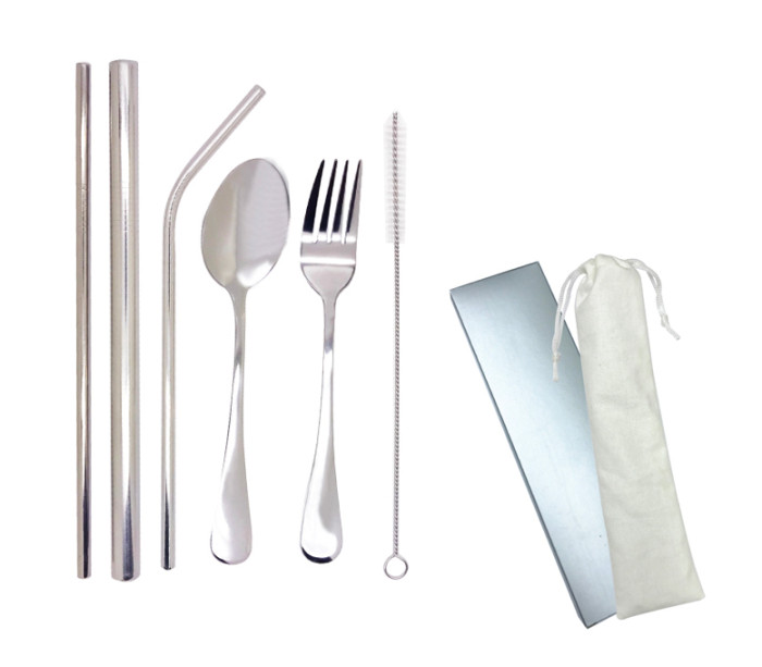 HH170514 Stainless Steel Reusable Straw &amp; Cutlery Set With Cotton Pouch 