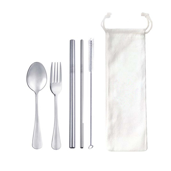CT176565 Stainless Steel Reusable Straw &amp; Cutlery Set With Canvas Pouch 